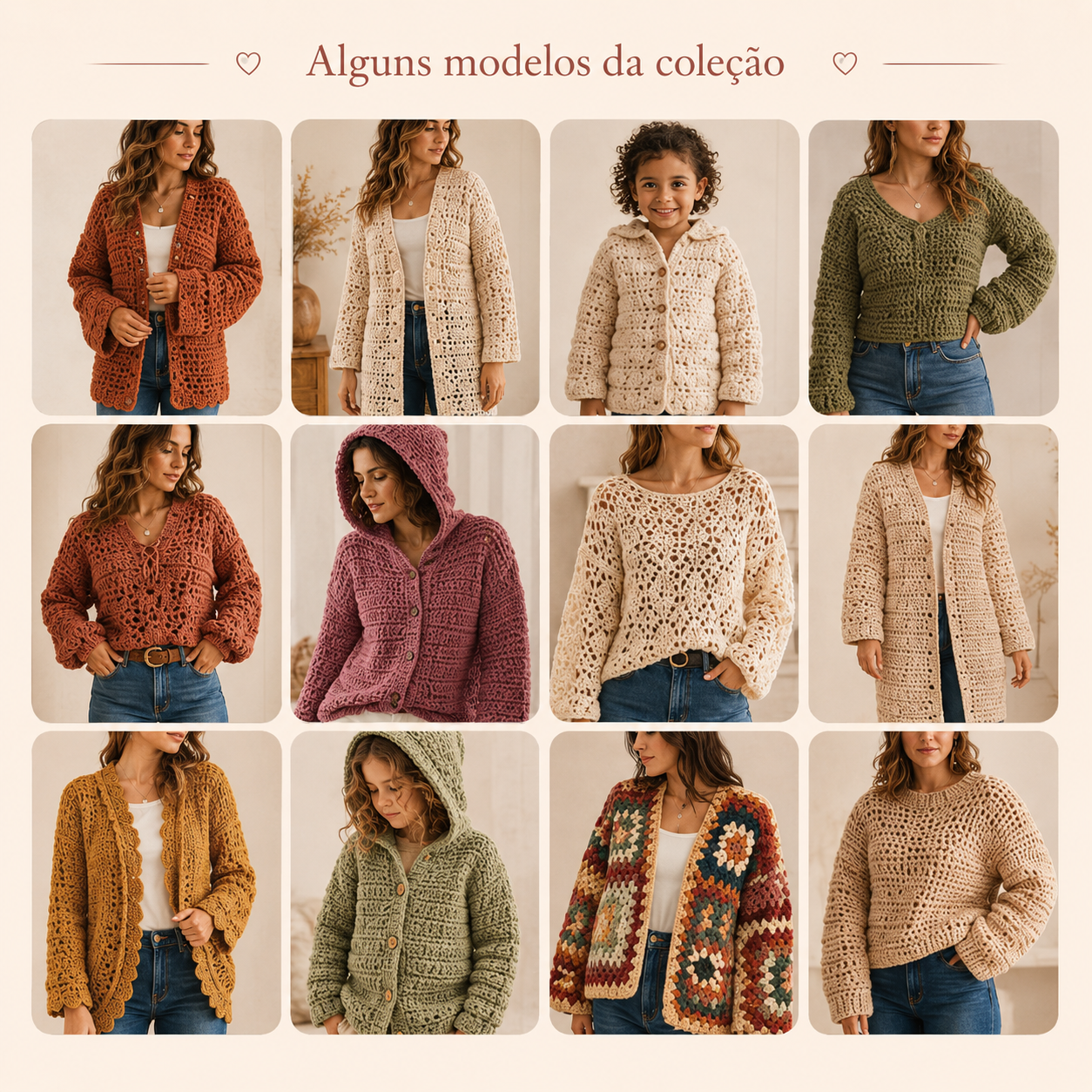Mosaico com 20 a 30 modelos de casacos, cardigans, blusas com capuz, peças oversized e blusas de crochê